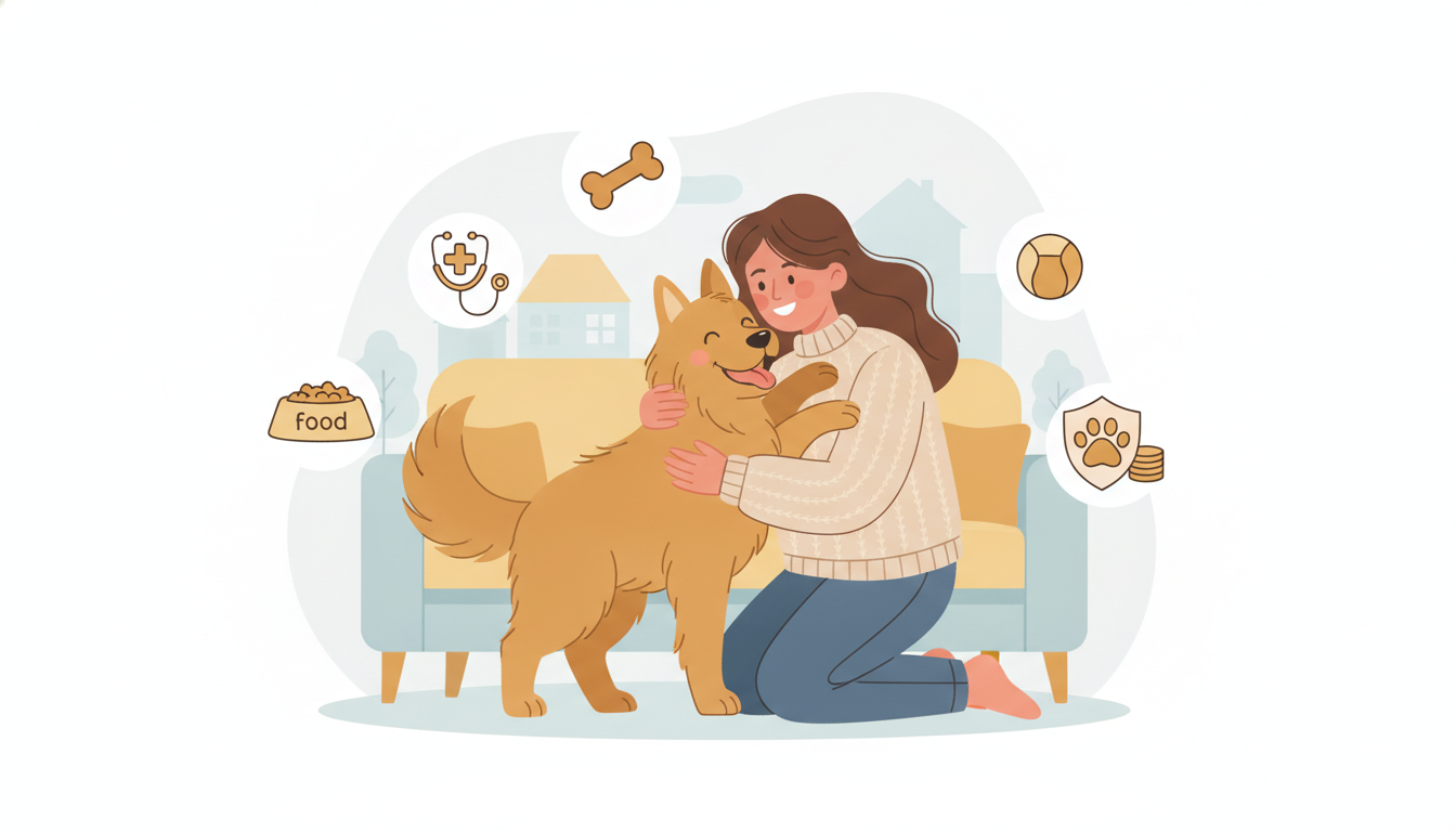 A warm illustration of a happy adopted dog with its new owner, surrounded by icons representing different cost categorie