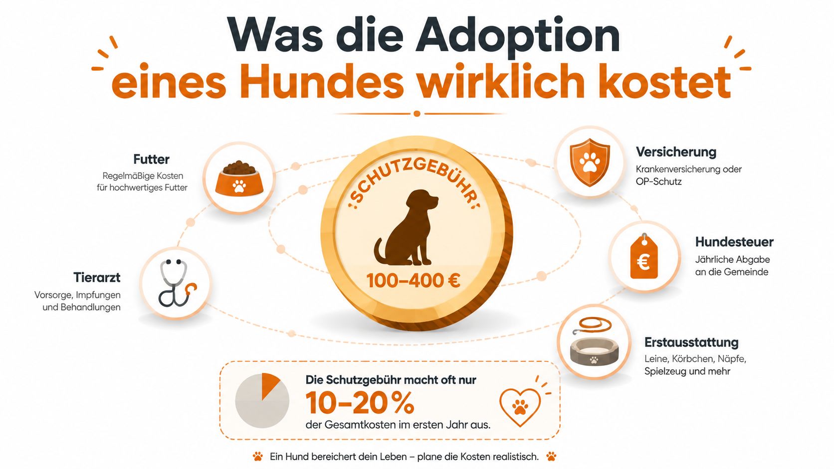 Eine Infografik zeigt die Kosten für die Adoption eines Hundes, unterteilt in Schutzgebühr und laufende Ausgaben.