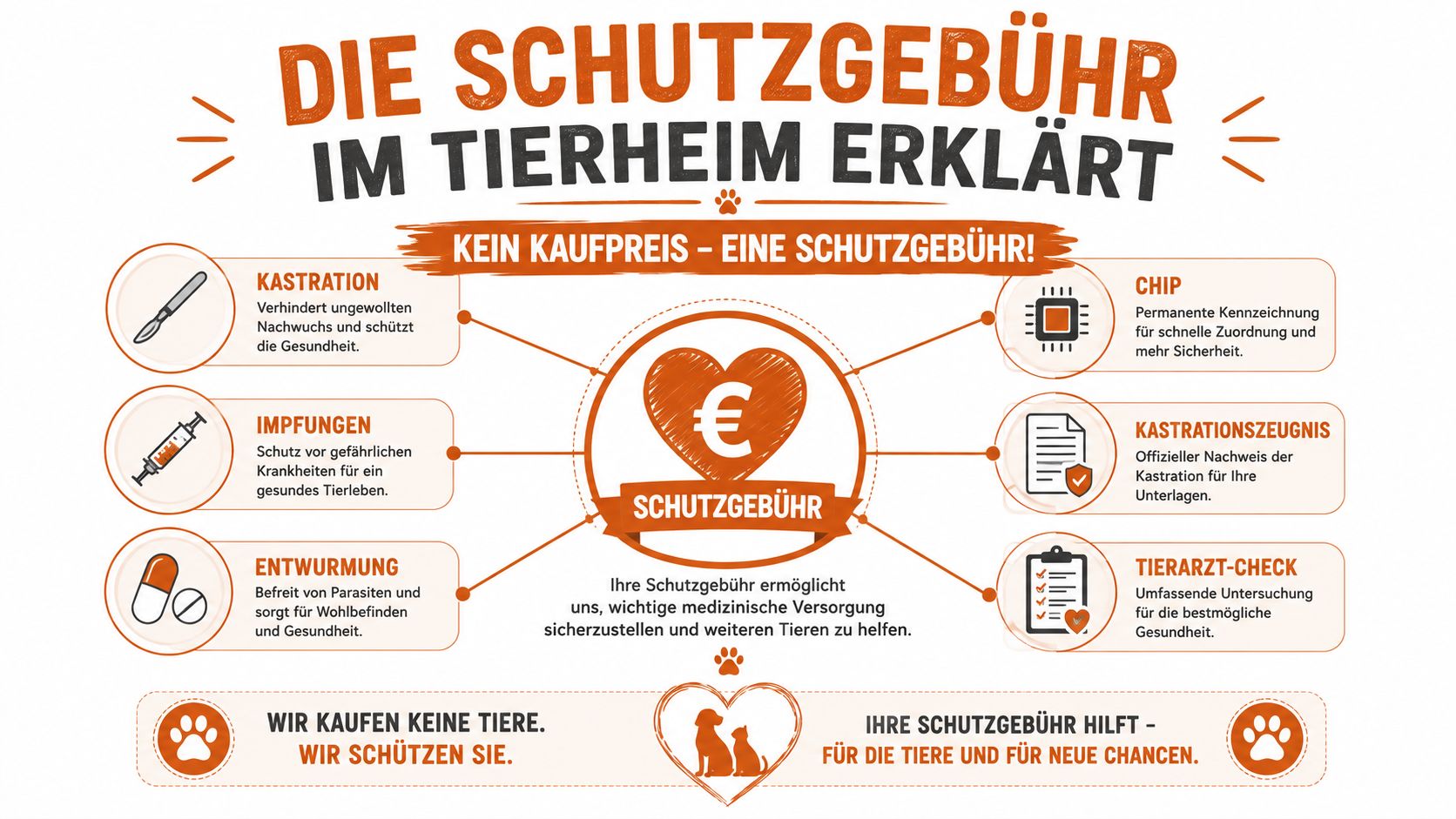 Eine Infografik erklärt die Schutzgebühr im Tierheim und was durch diese Kosten für das Tier abgedeckt wird.
