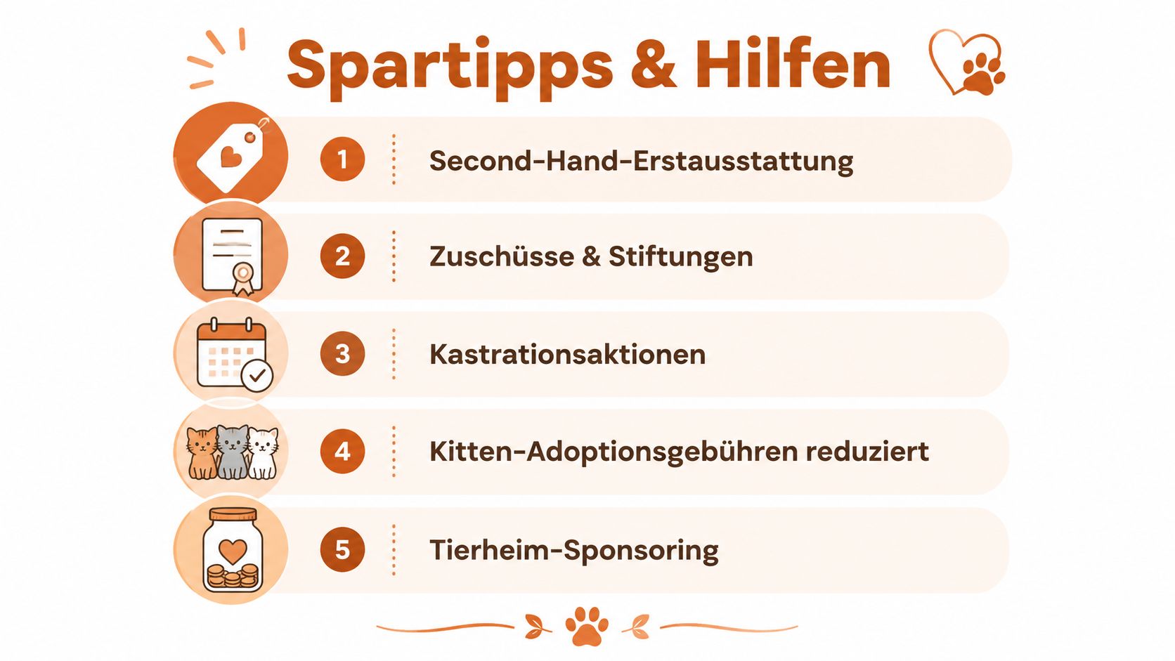 Eine Infografik mit fünf praktischen Spartipps und Hilfsangeboten für die Kosten bei der Adoption einer Katze.