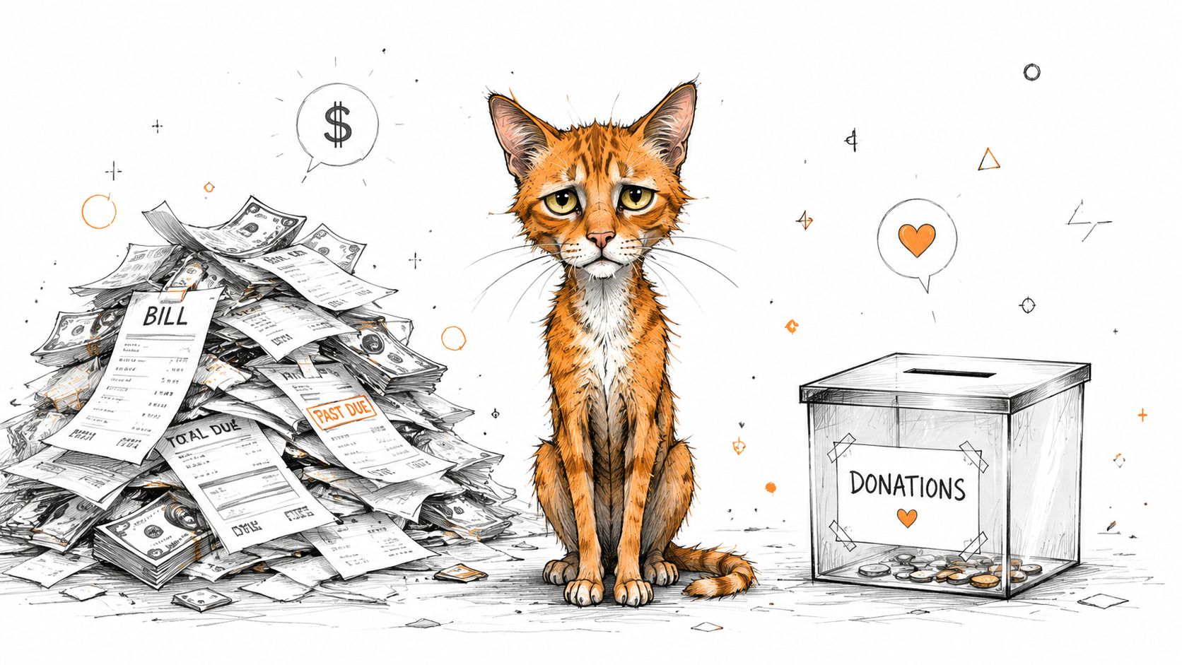 Eine traurige Katze sitzt neben einem hohen Stapel Rechnungen und einer Spendenbox zur Finanzierung von Tierheimkosten.