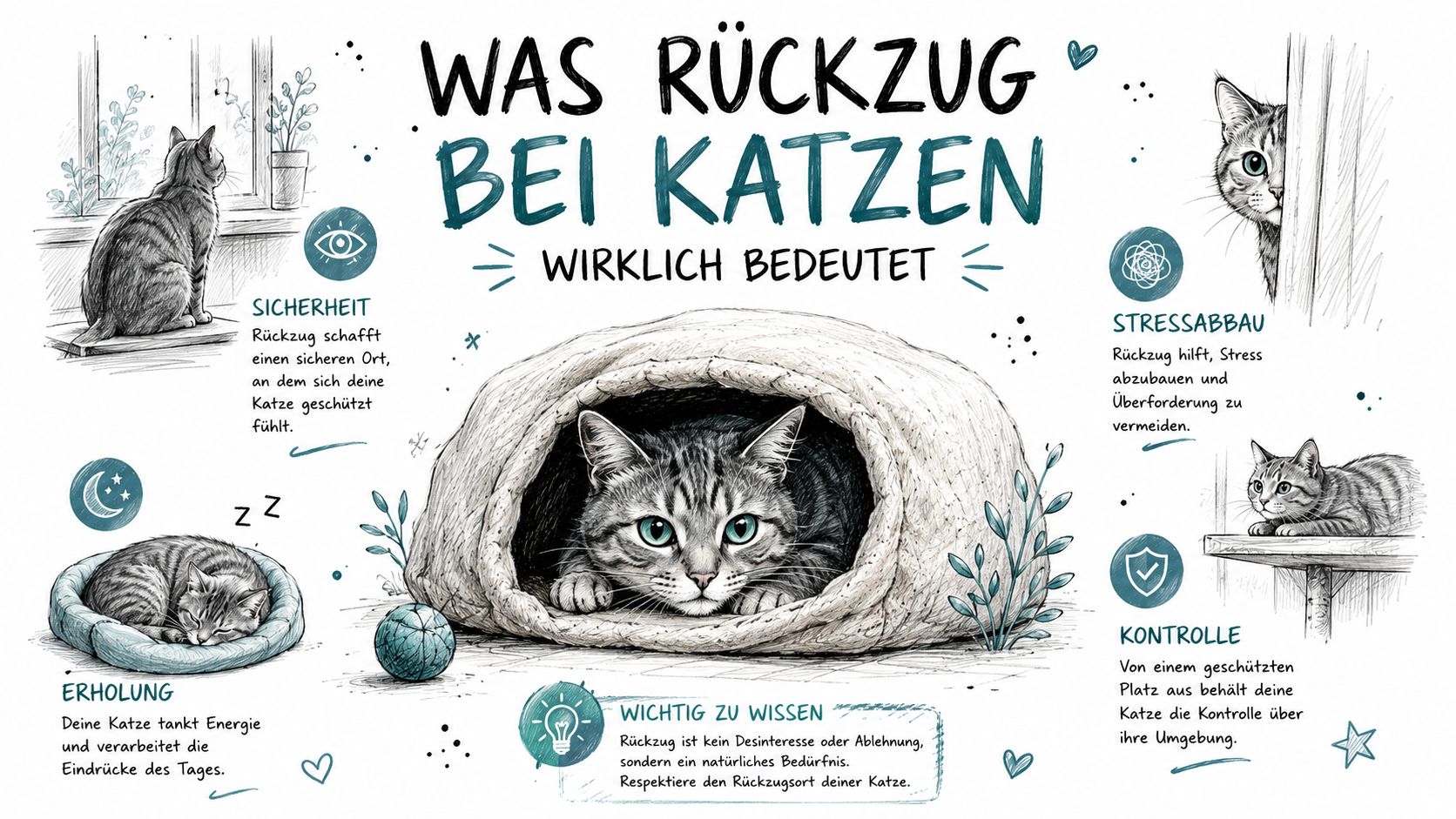 Eine Infografik erklärt die Gründe für das Rückzugsverhalten von Katzen, wie Sicherheit, Stressabbau, Erholung und Kontrolle.