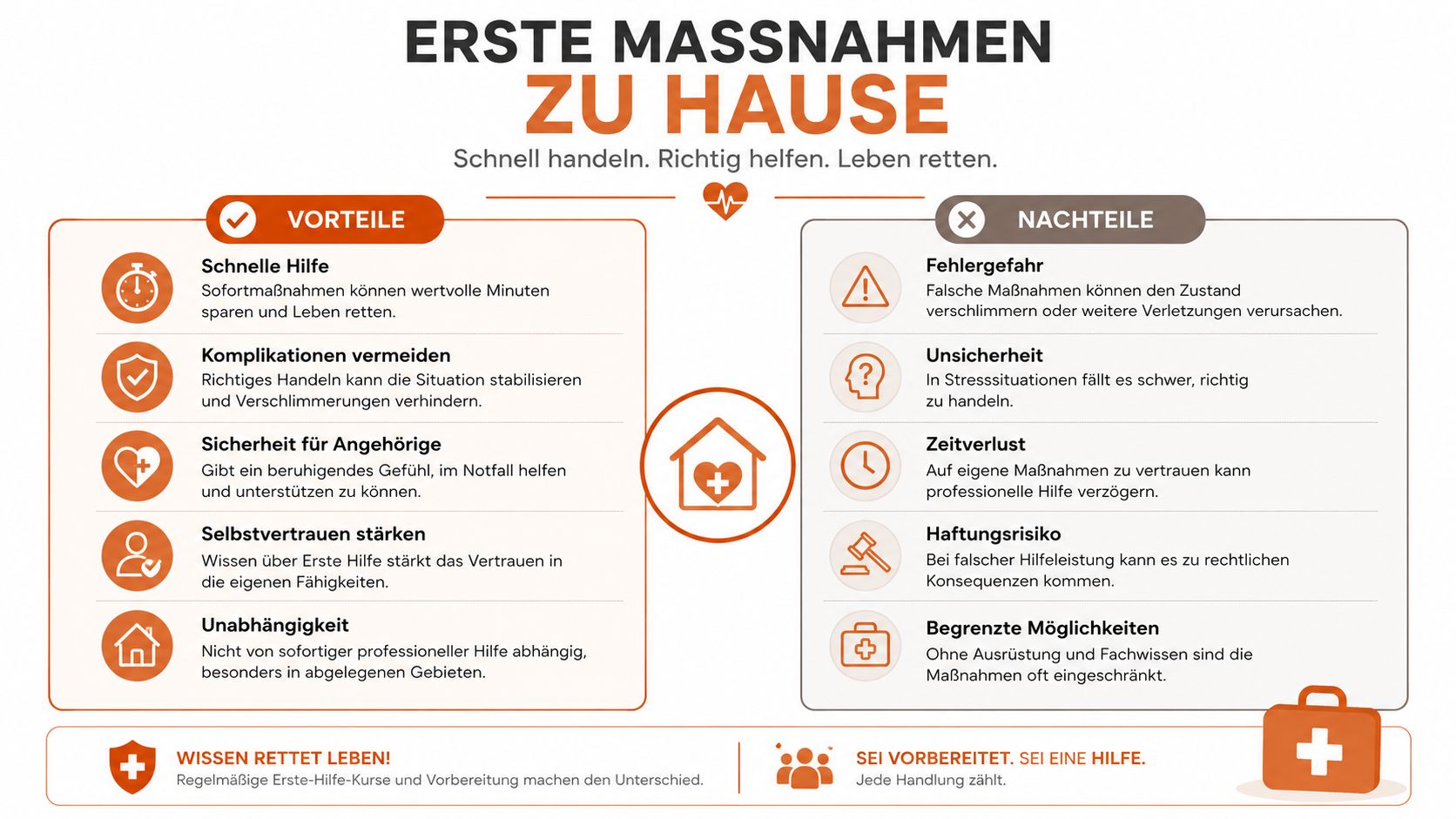 Eine informative Grafik zu Vorteilen und Nachteilen von Erster Hilfe zu Hause bei medizinischen Notfällen.