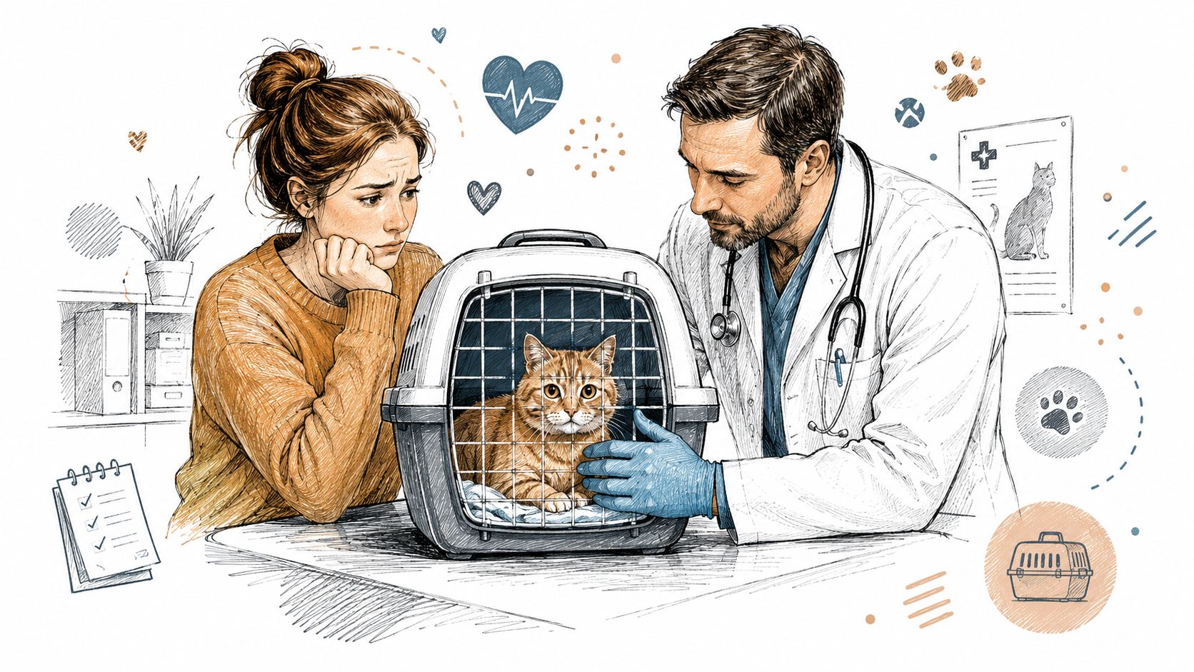 Eine besorgte Frau mit ihrer Katze in einer Transportbox beim Tierarzt in der Praxis für eine Untersuchung.