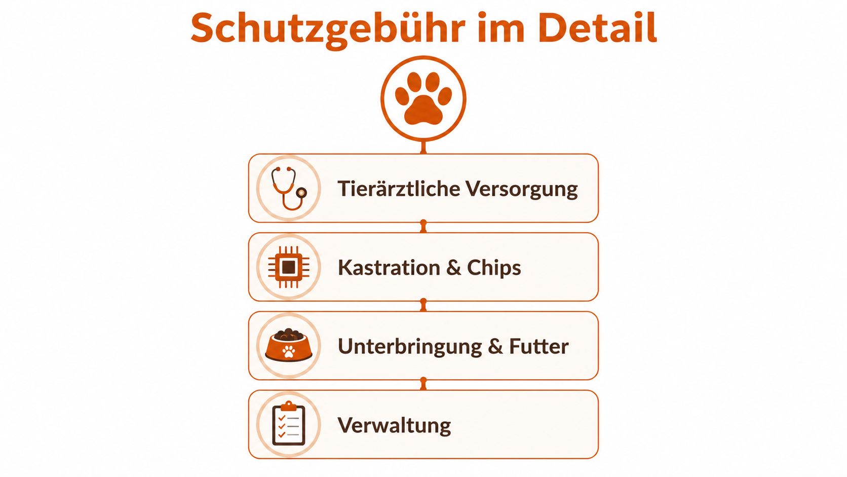 Eine Infografik zur Aufschlüsselung der Schutzgebühr für Tiere aus dem Tierheim in vier Kategorien.