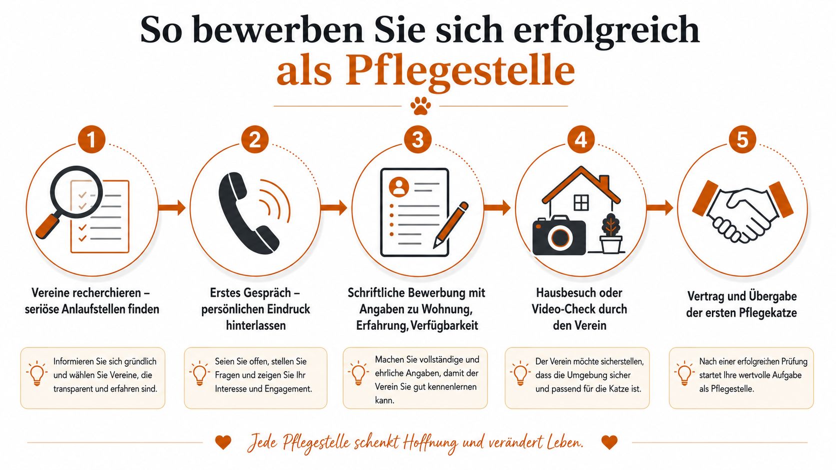 Eine Infografik mit fünf Schritten, die erklärt, wie man erfolgreich eine Pflegestelle für Katzen wird.