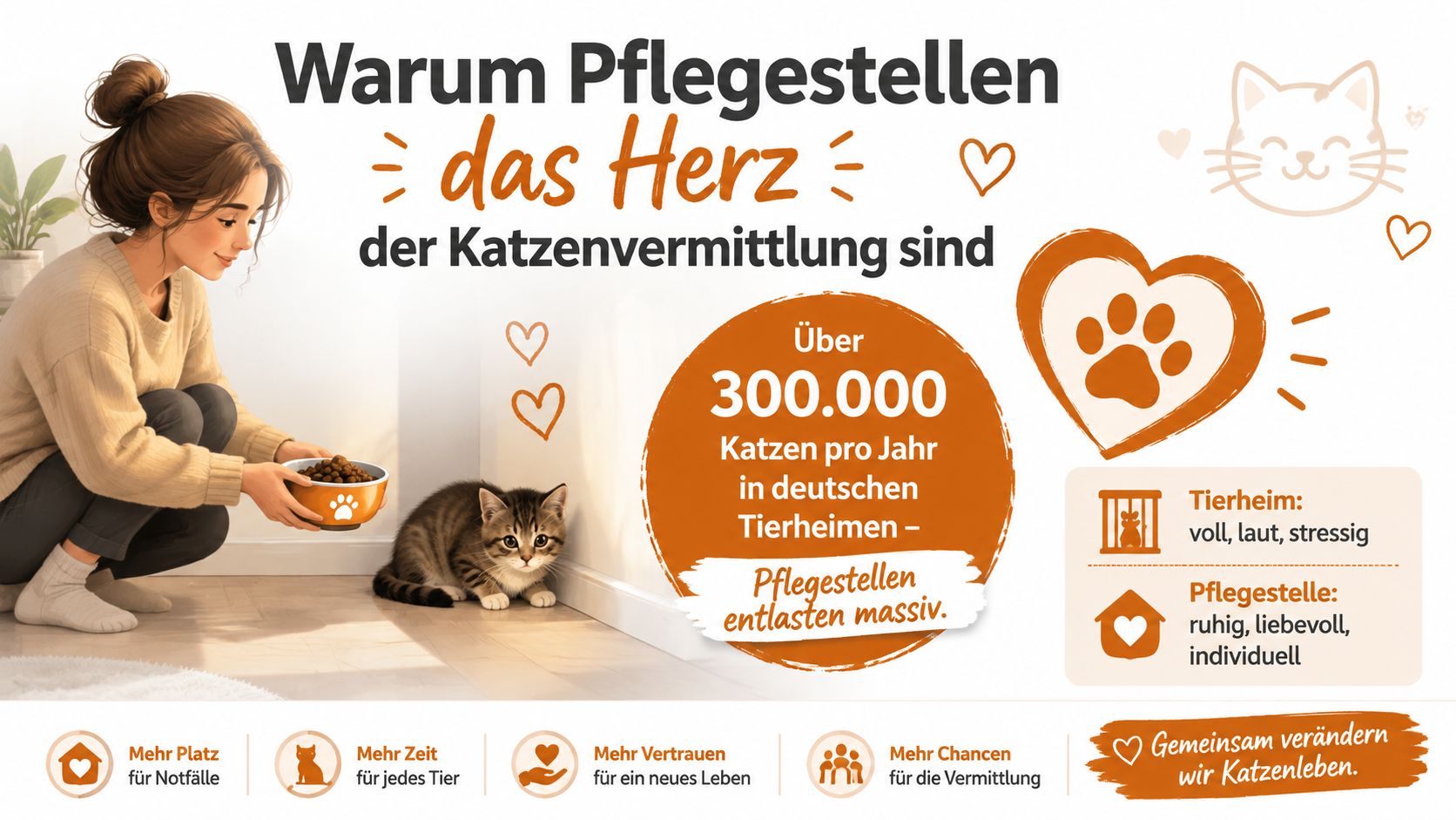Eine Frau füttert ein kleines Kätzchen, um die Bedeutung von Pflegestellen für die Katzenvermittlung in Tierheimen hervorzuheben.