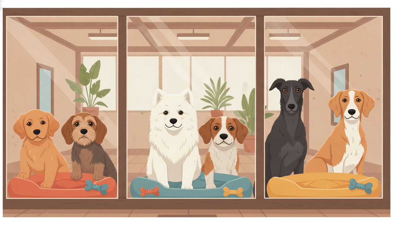A diverse group of dogs of various breeds, sizes, and ages looking out from individual clean kennel spaces, with a warm,