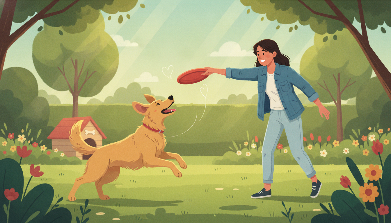 A happy dog from a shelter playing fetch in a sunny garden with its new owner, showcasing a strong bond.