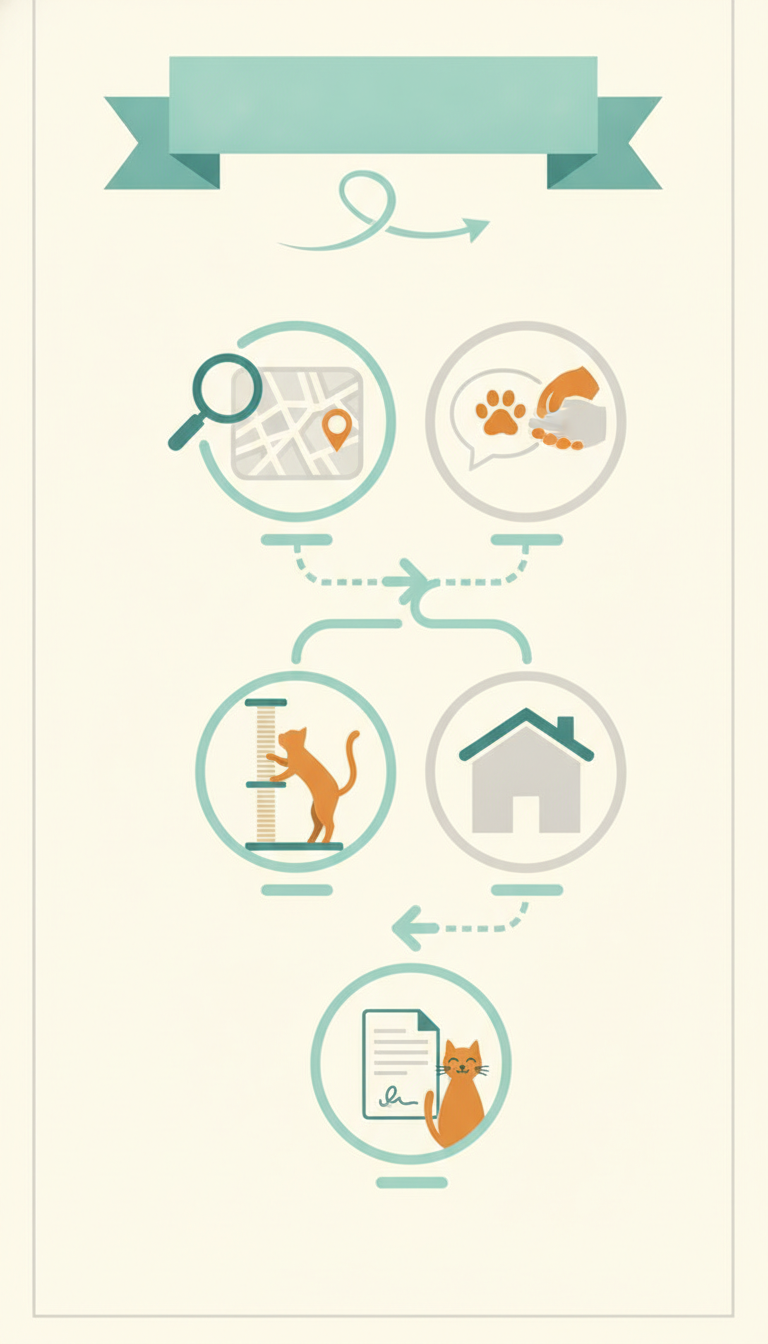 an infographic showing the 4 steps of adopting a cat from a shelter: 1. Tierheim suchen (magnifying glass over map), 2. 