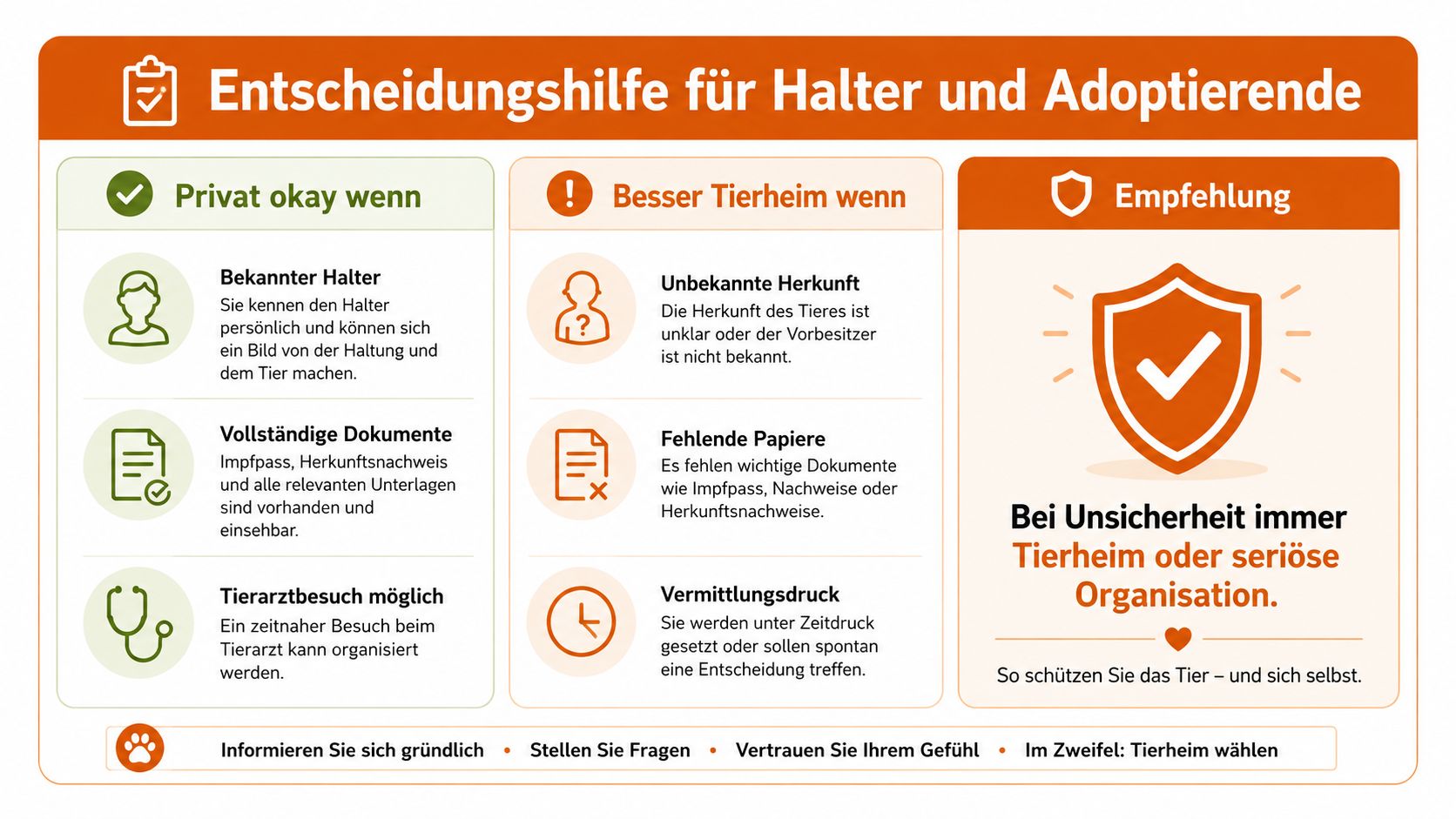 Eine Entscheidungshilfe für Tierhalter und Adoptierende, die beim sicheren Vermitteln oder Adoptieren von Tieren unterstützt.