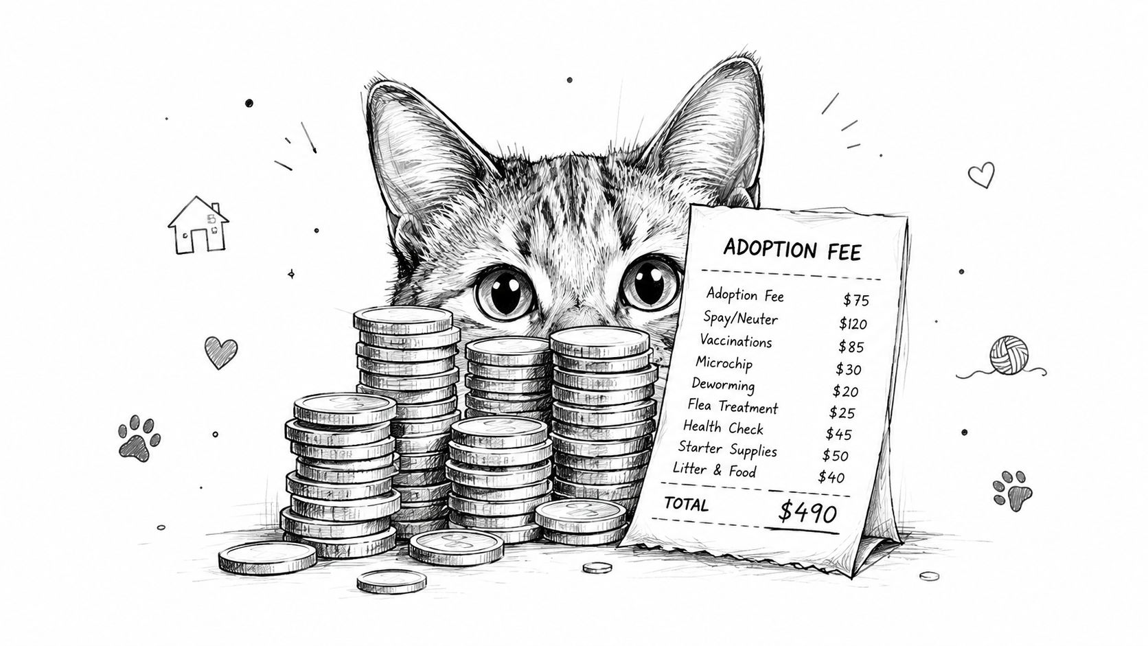 Eine handgezeichnete Illustration einer Katze hinter Stapeln von Münzen und einer Rechnung für Adoptionsgebühren.