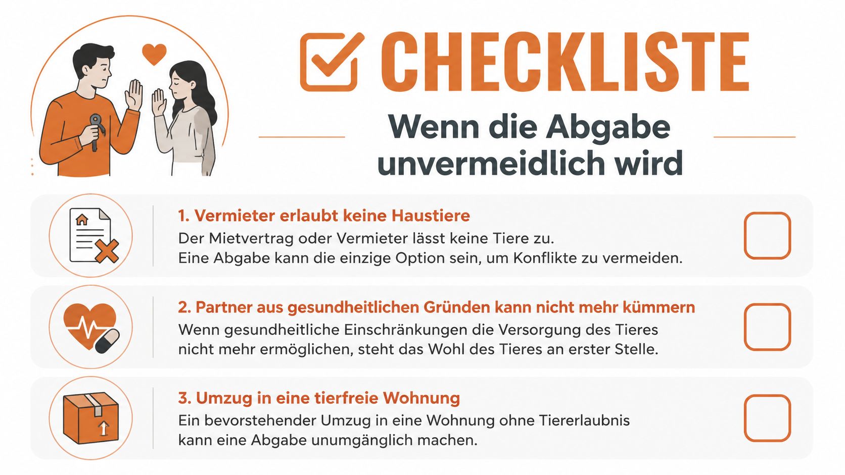 Eine Checkliste in deutscher Sprache für Gründe, warum man ein Haustier abgeben muss, mit passenden Symbolen.